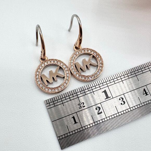 Michael Kors Rose Gold Tone Pavé Crystal MK Logo Dangle Earrings Designer Modern - Picture 12 of 14